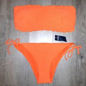 Hollister Swim Neon Orange Textured Crinkle String Bikini Set Size Extra Large